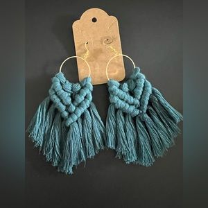002 Handmade Macrame Teal Large Knot Fringe Earrings